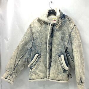Vintage 80s Cotler Acid Wash Denim Sherpa Lined Bomber Jacket - Large